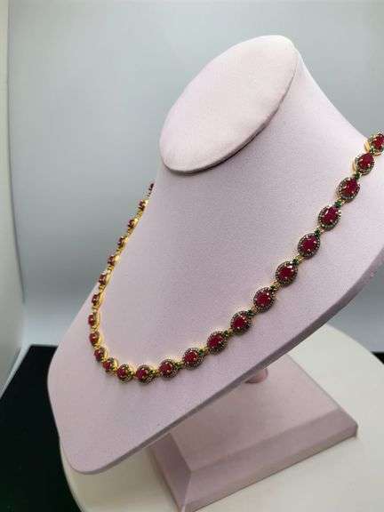 18" Necklace with 37 Natural Rubies, Diamond Accents & 36 Emerald Design Elements in Sterling Silver