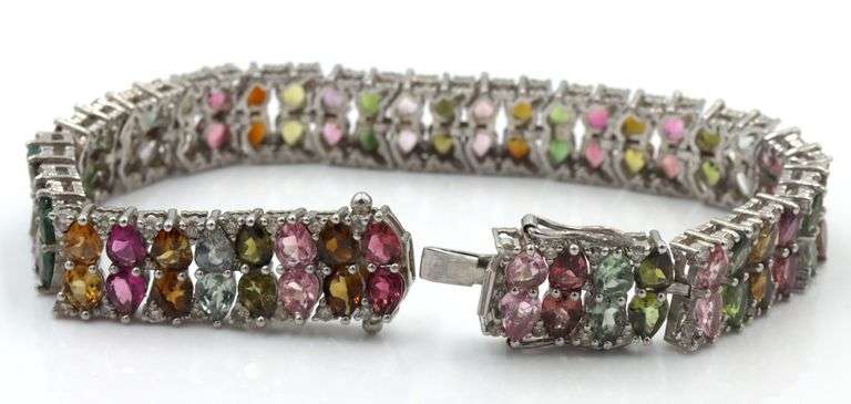 Mesmerizing 24.90CTW Pear Shaped Faceted Multi-Color Tourmaline & 2.15CTW Diamond Bracelet in 14K Wh