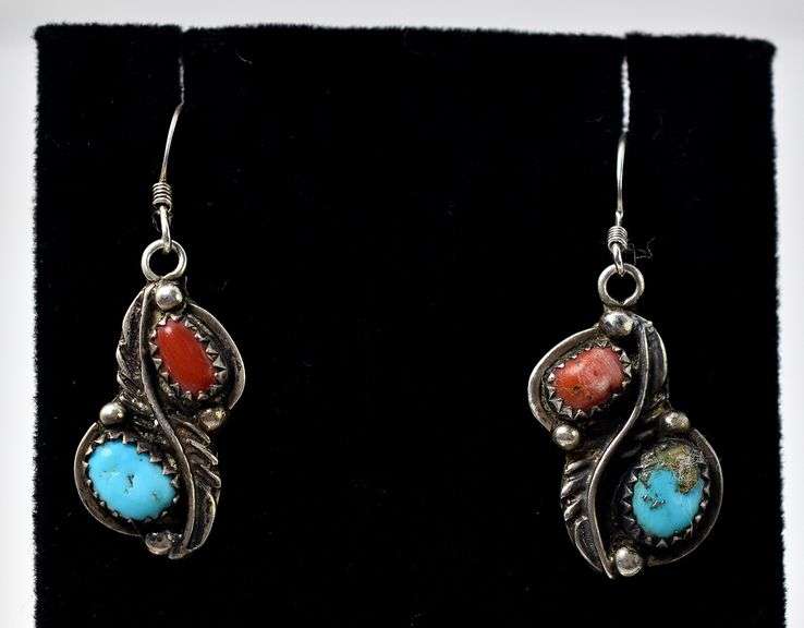 Turquoise and Coral Gemstone Dangle Earrings in Sterling Silver