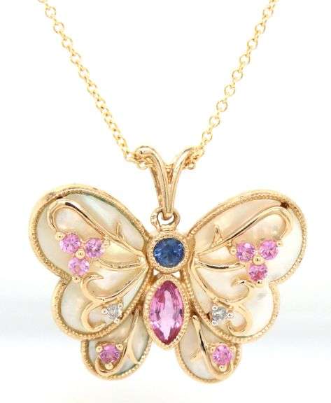 14kt Yellow gold mother of pearl and multi gemstone butterfly pendant on chain