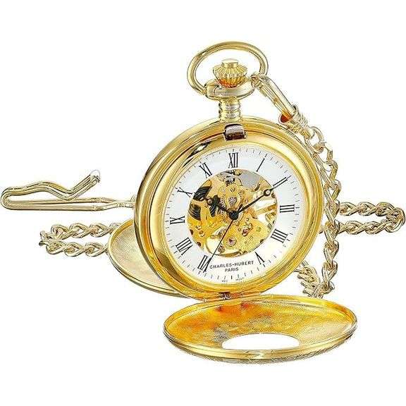14K Gold-Plated Mechanical Skeleton Pocket Watch