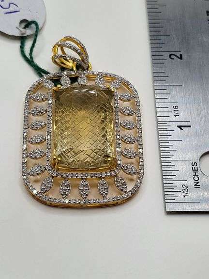 Massive 76.0ct Lemon-Cut Natural Quartz Pendant with Diamond Accents in Sterling Silver
