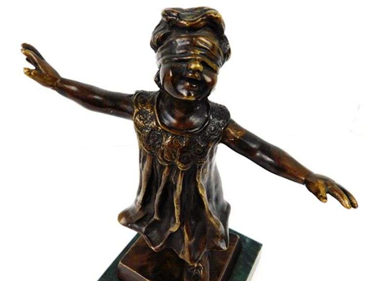 Vintage Bronze Girl with Blindfold Sculpture