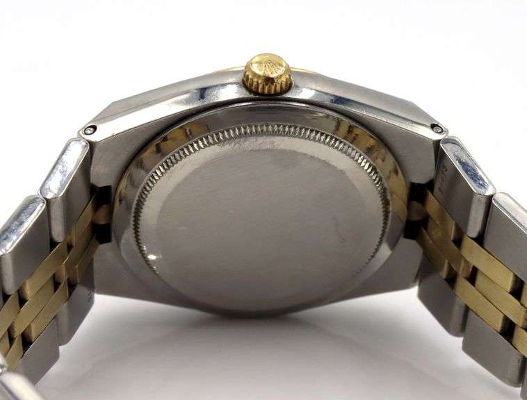 Rolex date just 2 tone 36mm champagne stick dial on fluted bezel in oyster quartz bracelet watch