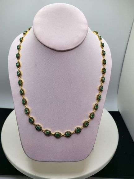 18" Necklace with 37 Natural Emerald, Diamond Accents in Sterling Silver