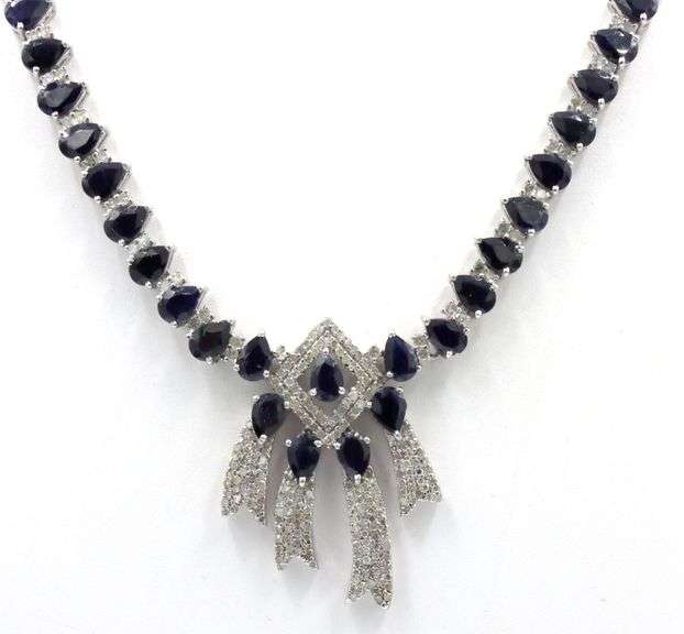 Stunning 37.00 Pear Shaped Faceted Blue Sapphire & 6.05 Diamond Necklace in 14K White Gold Over Ster