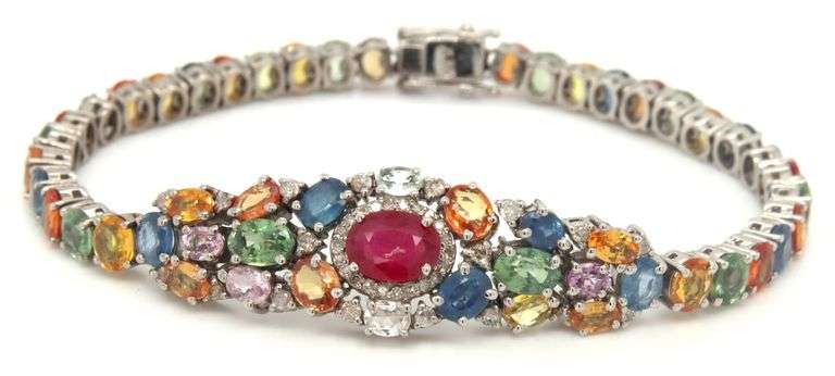 Darling Brand New European 19.09CTW Multi Colored Sapphires & Diamond Bracelet in 14K White Gold Ove