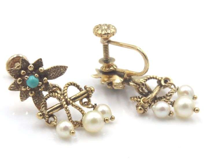 14kt Yellow gold turquoise and pearl dangle flower earrings