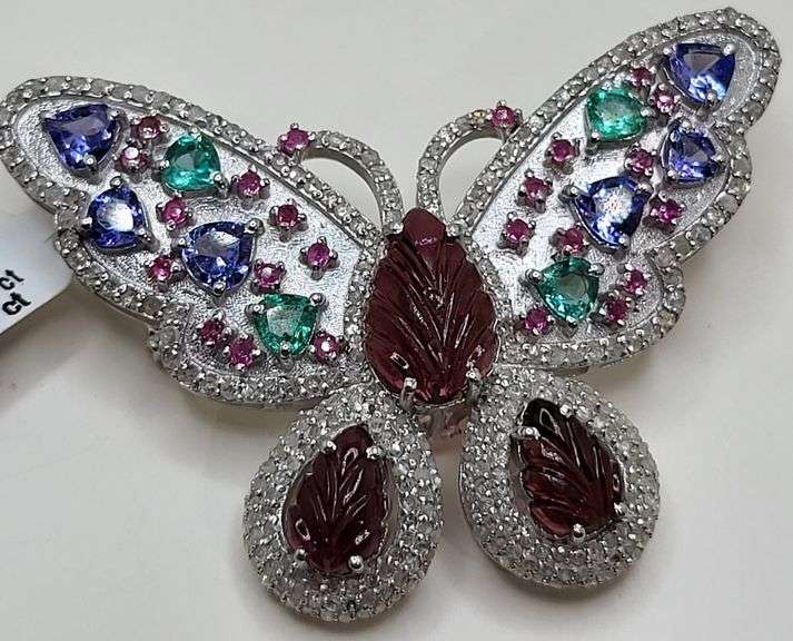 Artistic Butterfly Pendant in Sterling Silver with 5.40ct Hand-Carved Ruby, 1.59ct Diamonds, 0.60ct 