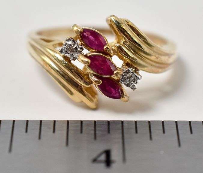 Sparkling 10K Yellow Gold Ruby Gemstone and Diamond Ring