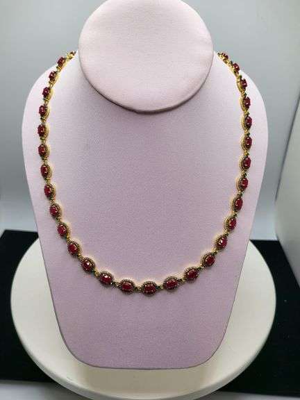 18" Necklace with 37 Natural Rubies, Diamond Accents & 36 Emerald Design Elements in Sterling Silver