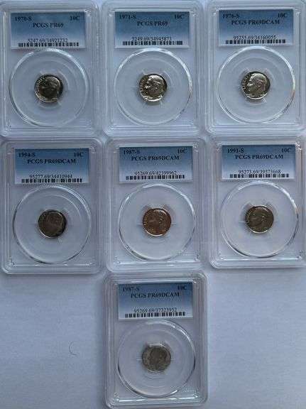 Seven PCGS Proof 69 Roosevelt Dimes