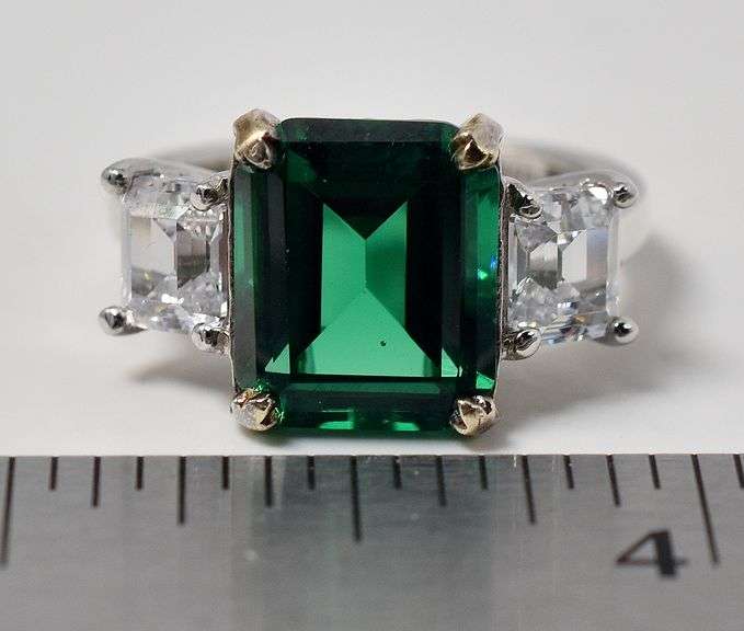 Octagon Cut Green Gemstone with White Accents in Sterling Silver