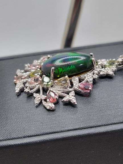 0.53ct Diamond-Centered Pendant with 6.30ct Opal, Sapphire & Diamond Accents in Sterling Silver