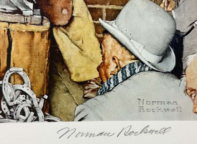 Rare Norman Rockwell Lithograph Signed Horseshoe Forging Contest, 1976