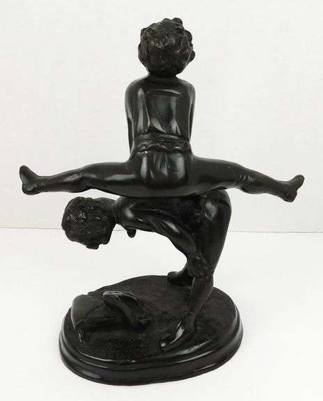 Vintage Cast Bronze Children Playing Leap Frog Sculpture