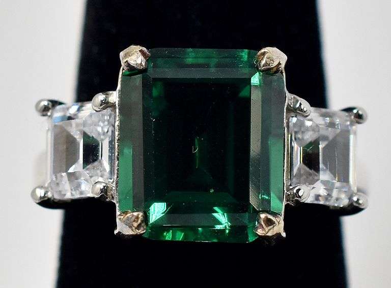 Octagon Cut Green Gemstone with White Accents in Sterling Silver