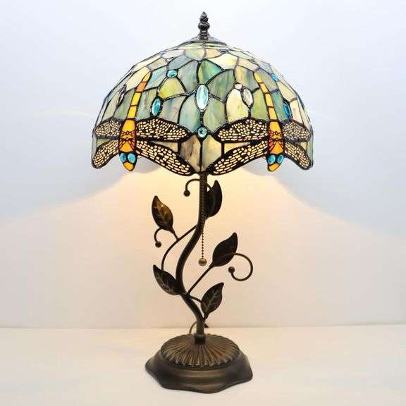 Dragonfly Stained Glass Table Lamp with Metal Leaf Base
