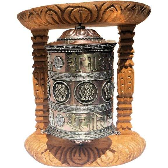 Large Tibetan Prayer Wheel with Wood Frame