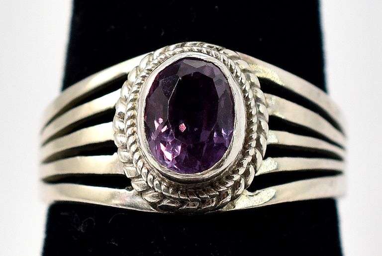 Amethyst Ring with Unique Banding in Sterling Silver