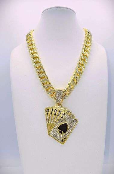 Dazzling Huge 178 Gram 14 Kt Yellow Gold Plate Royal Flush Chain Necklace Pendant