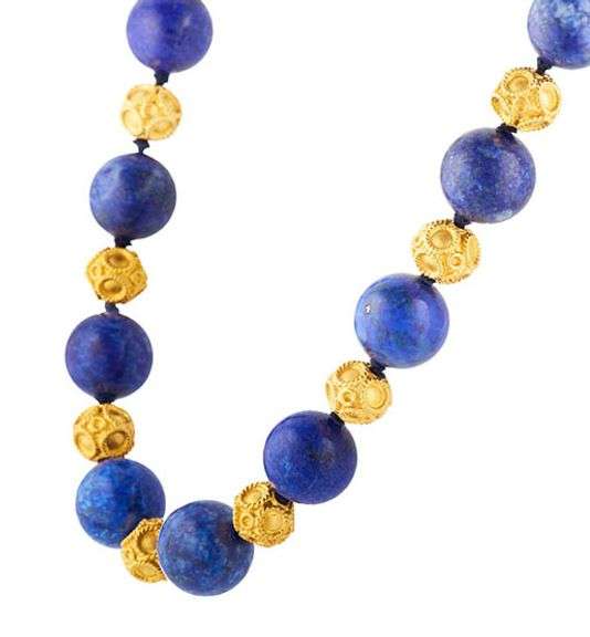 Blue Lapis Lazuli Intaglio Cylinder Beaded Station Necklace in 22K