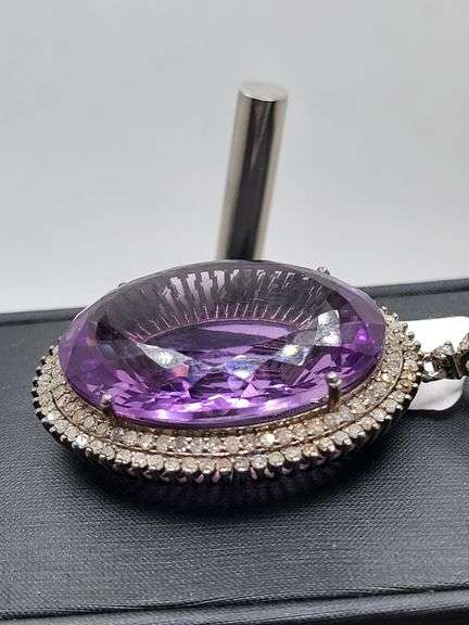 Striking 51.50ct Ovel-Cut Amethyst Pendant with 1.82ct Natural Diamonds in Sterling Silver