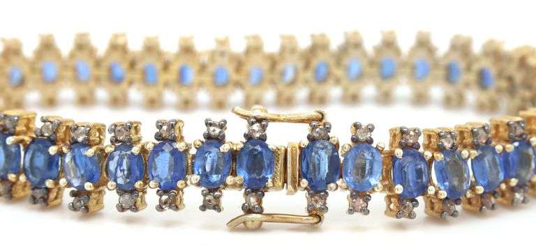 Breathtaking 10.74CTW Oval Faceted Kyanite & 2.50CTW Diamond Bracelet in 14K Yellow Gold Over Sterli