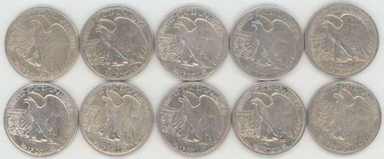 Run of 10 nice AU Walking Liberty Half Dollars 1938 to 1946