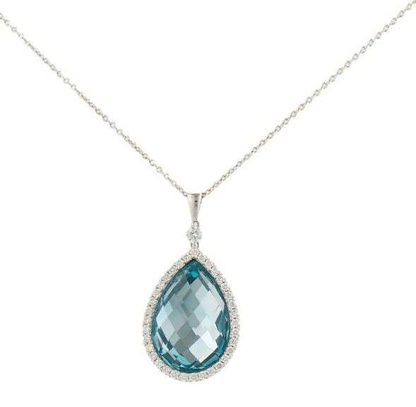 Roberto Coin Pear Shaped Blue Topaz and 0.20ctw Diamond Frame Pendant Necklace in 18K