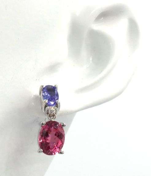 14kt White gold 1ctw tanzanite and pink tourmaline dangle earrings