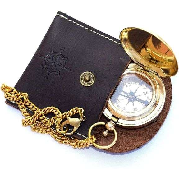Handmade Brass Pocket Compass with Leather Case
