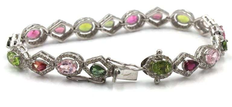 Exquisite 10.30CTW Oval & Pear Cut Faceted Multi Colored Tourmaline & Diamond Tennis Bracelet in 14K