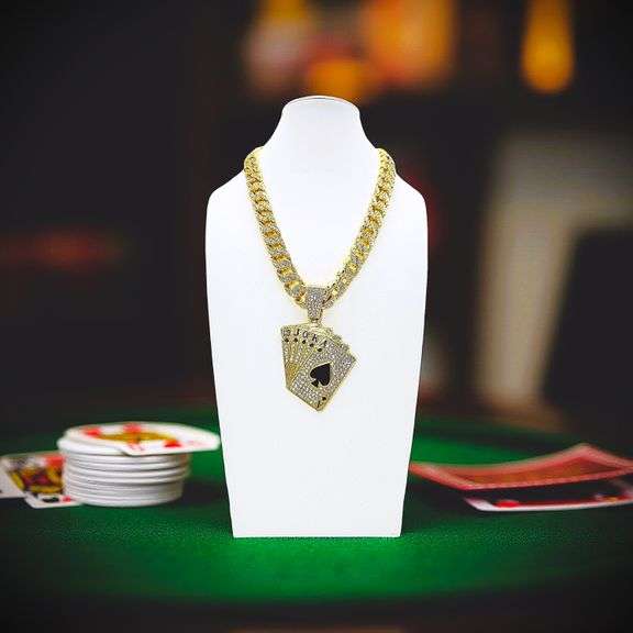 Dazzling Huge 178 Gram 14 Kt Yellow Gold Plate Royal Flush Necklace Pendant