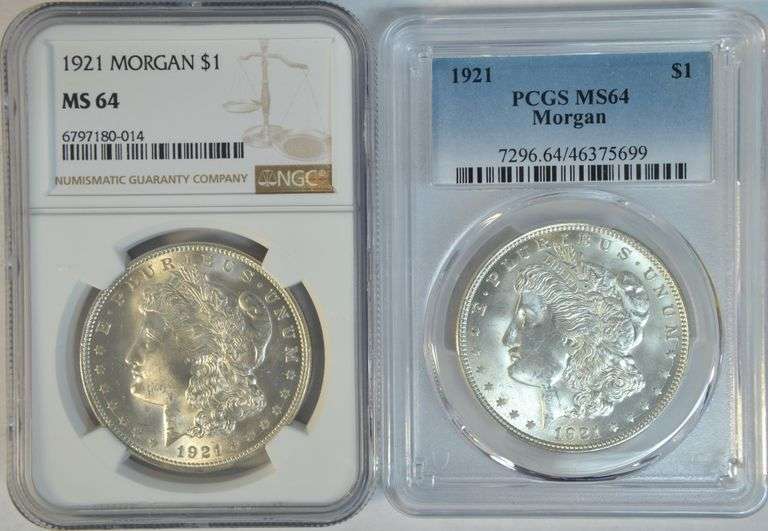 2 Near Gem BU 1921 Morgan Silver Dollars. PCGS & NGC MS64