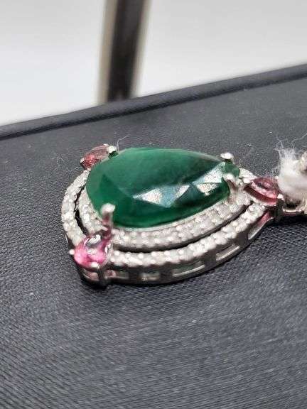 4.15ct Colombian Emerald Pendant with 0.35ct Natural Diamondsand 3 Sapphire in Sterling Silver