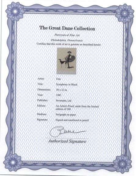 Highly Collectible Erte Signed Serigraph Symphny in Black