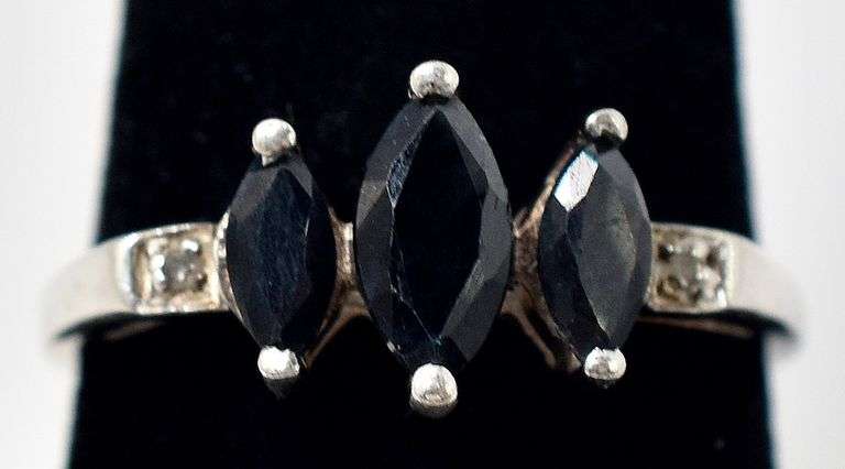 Three Marquise Blue Sapphire Ring in Sterling Silver