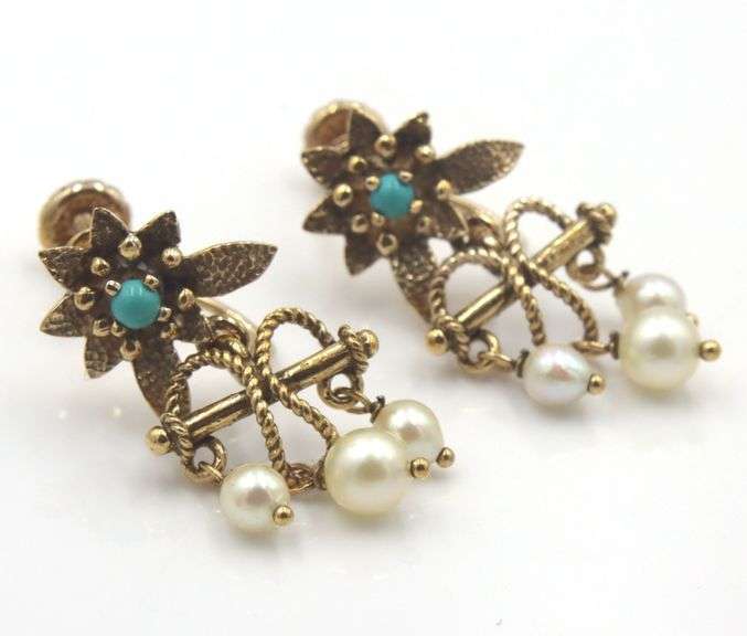 14kt Yellow gold turquoise and pearl dangle flower earrings