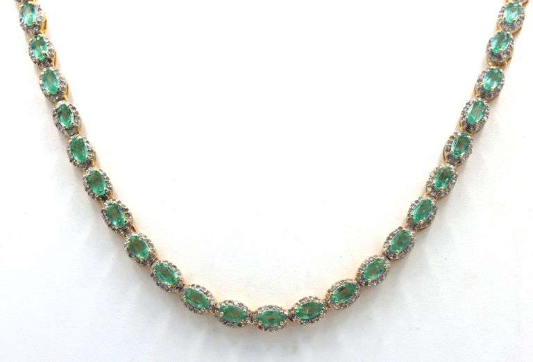 Enamoring 12.00CTW Oval Faceted Emerald & 5.00CTE Diamond Necklace in 14K Yellow Gold Over Sterling 