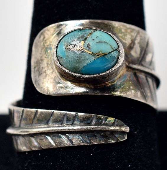 Feather Band Ring with Turquoise Stone in Sterling Silver