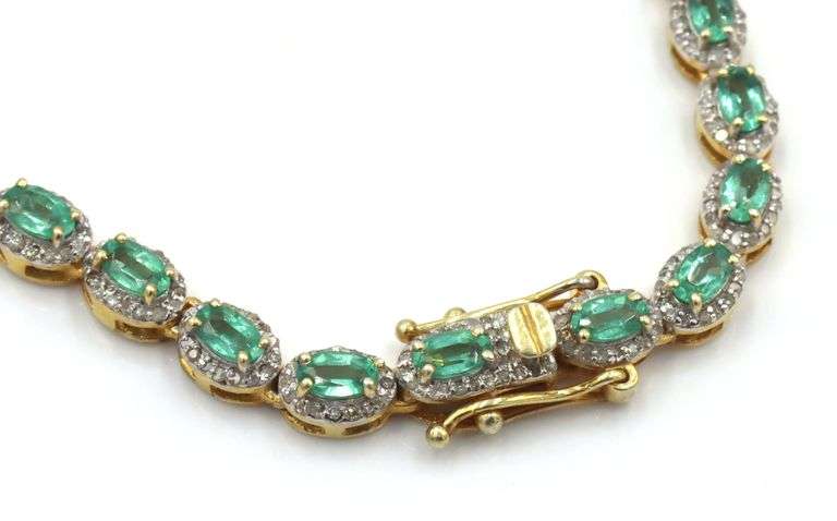 Mesmerizing 12.50CTW Oval Shaped Faceted Natural Emerald & 5.00CTW Diamond Tennis Necklace in 14K Ye