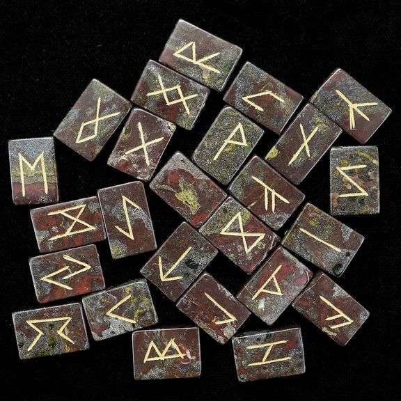 Hand-Carved Dragon Bloodstone Rune Stone Set