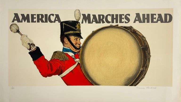 Rare Norman Rockwell Lithograph Signed America Marches Ahead Band, 1976