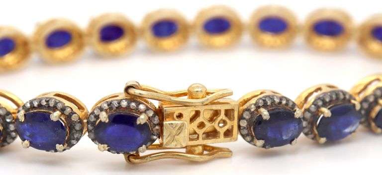 Captivating 19.30CTW Oval Faceted Blue Sapphire & 1.40CTW Diamond Bracelet in 14K Yellow Gold Over S