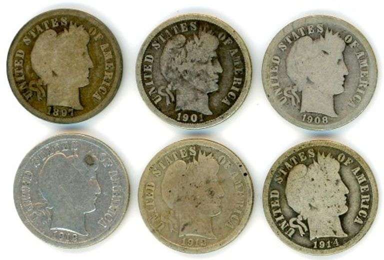 6 Different Barber Silver Dimes: 1897-1914-D