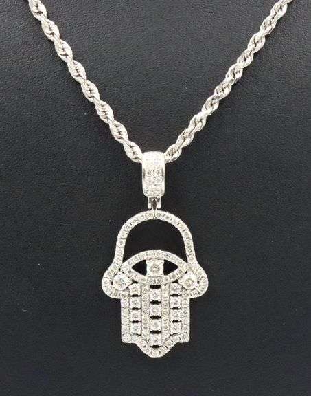 Heavy 14kt white gold 2.75ctw diamond Hamsa pendant on rope chain necklace