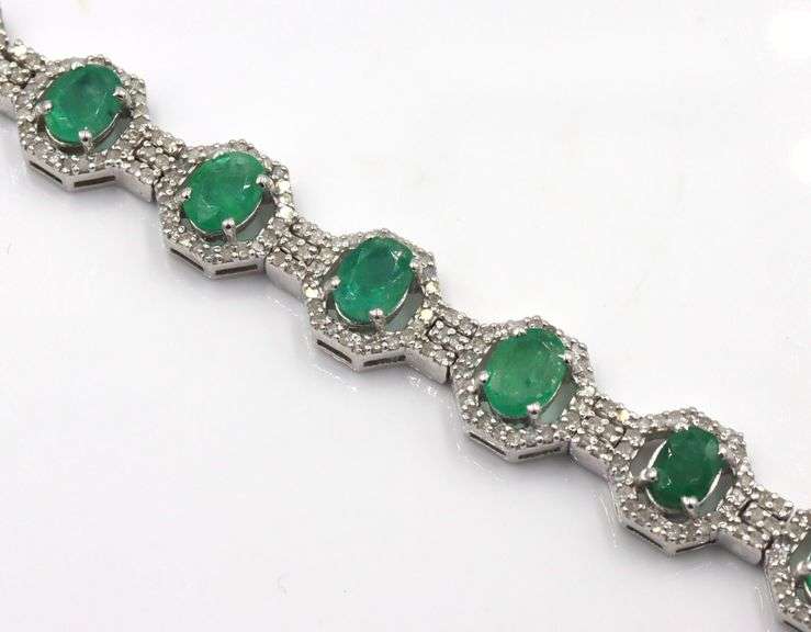 Sparkling 9.98CTW Oval Shaped Emerald-Cut  Natural Emerald & 2.68CTW Diamond Bracelet in 14K White G