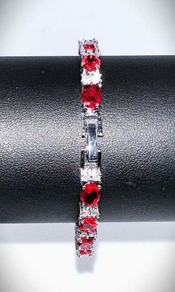 Beautiful 18 Kt White Gold Plated Lab Simulated 16.5 Cttw Red Ruby Diamond Tennis Bracelet