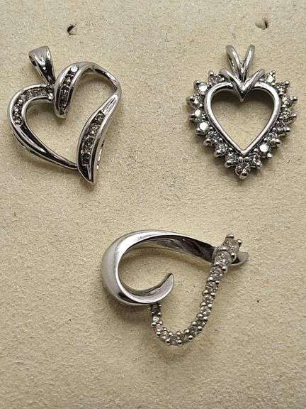 3 Very Nice group lot of 14k white gold heart pendents with diamond